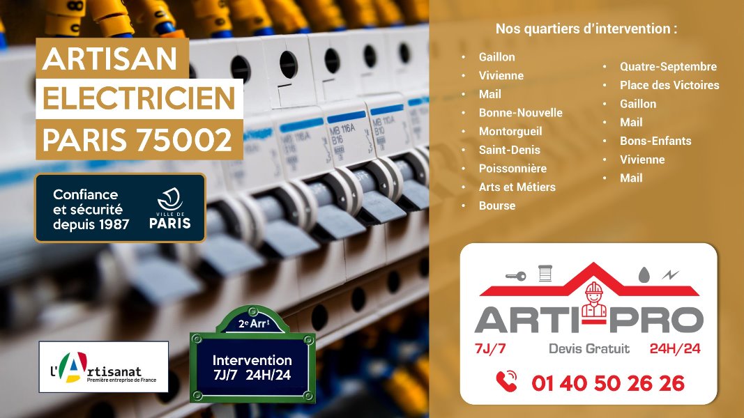 Arti Pro Électricité à Paris 2e - Rue des Petits Champs - Appelez-nous au 01 40 50 26 26 pour vos besoins électriques