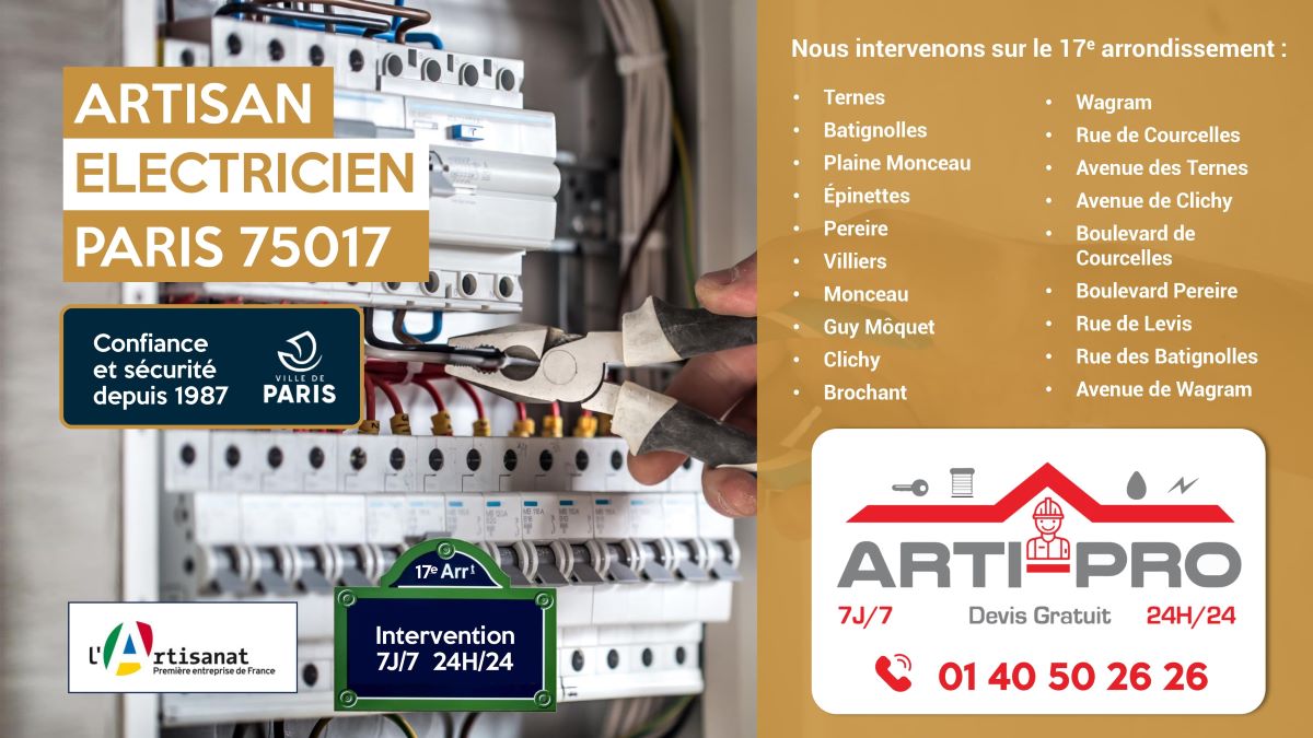 Services électriques Arti Pro - Rue de la Pépinière, Paris 17 - Appelez-nous au 01 40 50 26 26