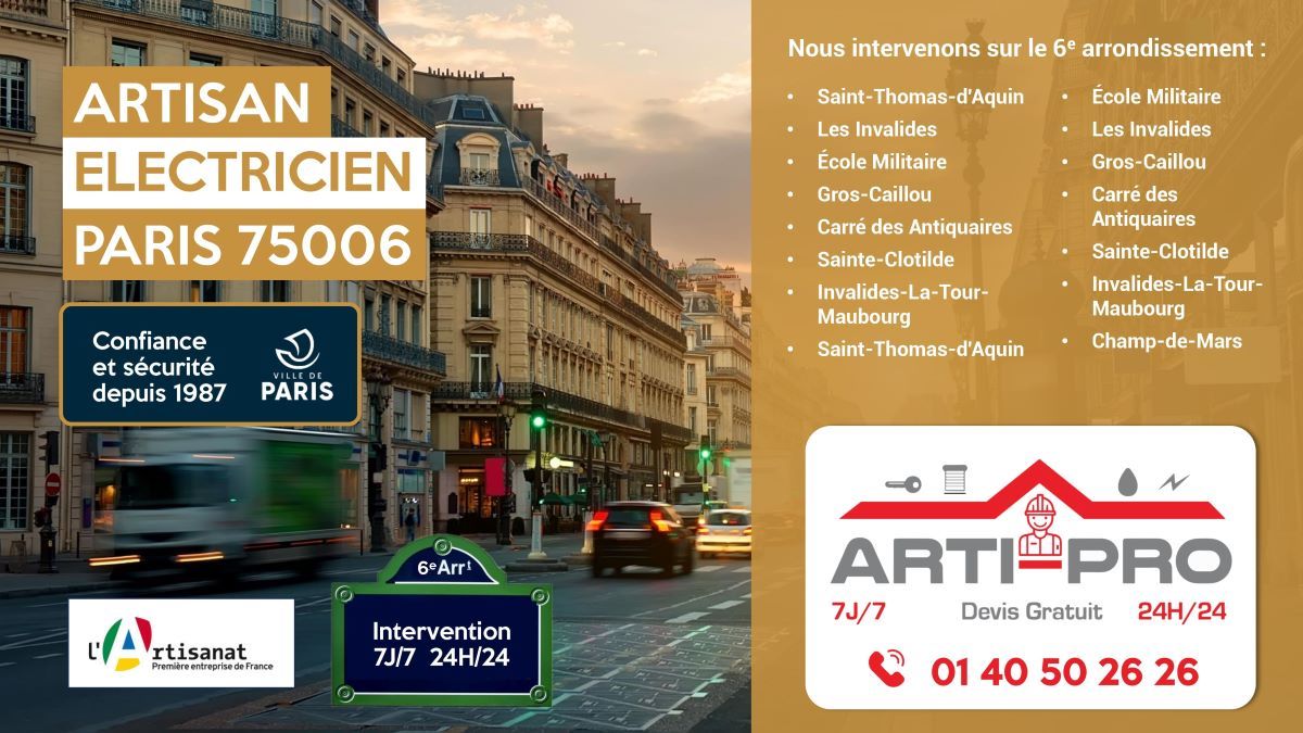 Services d'électricité Arti Pro - Rue Jacob, Paris 6 - Contact : 01 40 50 26 26
