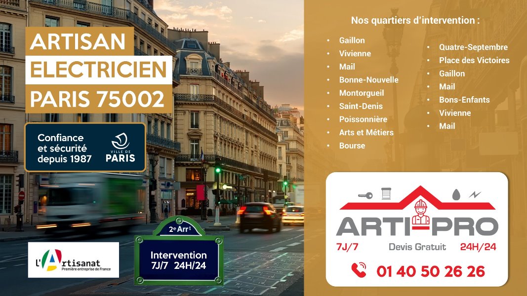 Service d'électricité rapide et fiable d'Arti Pro à Paris 2e - Proche de la rue Saint-Denis - Contactez-nous au 01 40 50 26 26