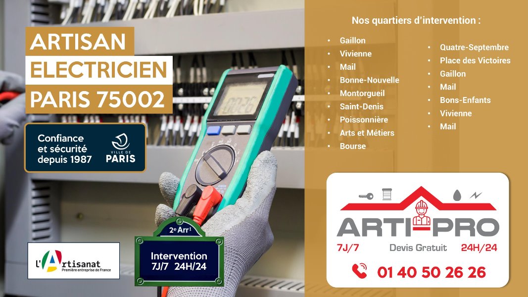 Votre partenaire électrique de confiance dans le 2e arrondissement de Paris - Arti Pro - Rue du Sentier - 01 40 50 26 26